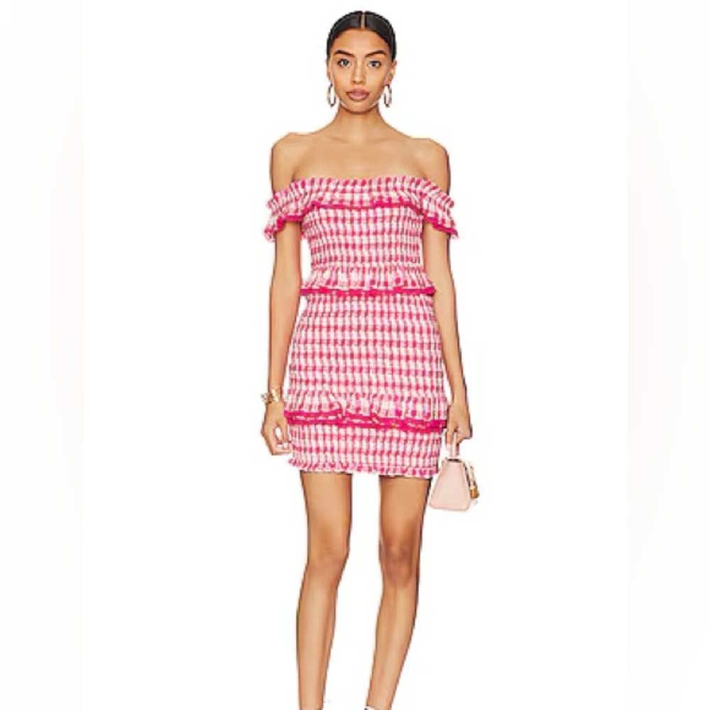 Tularosa Teri Pink Off-Shoulder Ruffle Dress in Pink Gingham - Small
